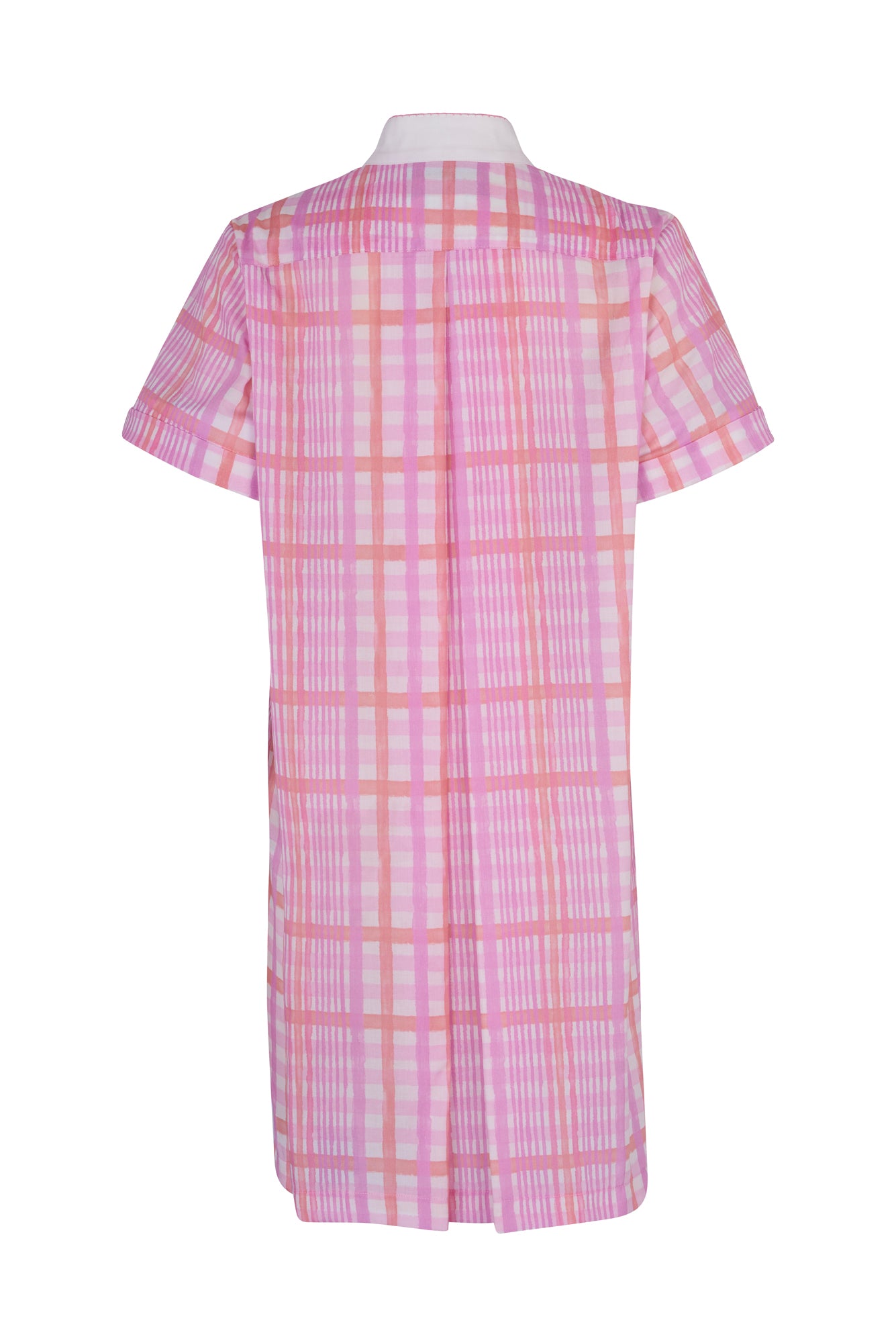 De Loreta Azulejo Dress in Loto print: Stylish mini pleated shirt dress in Loto print, featurinf a pink and lilac plaid pattern. A vibrant design with a comfortable fit. Made from high-quality cotton fabric, this versatile dress is perfect for casual and dressy occasions, offering a chic and modern look. Back view.