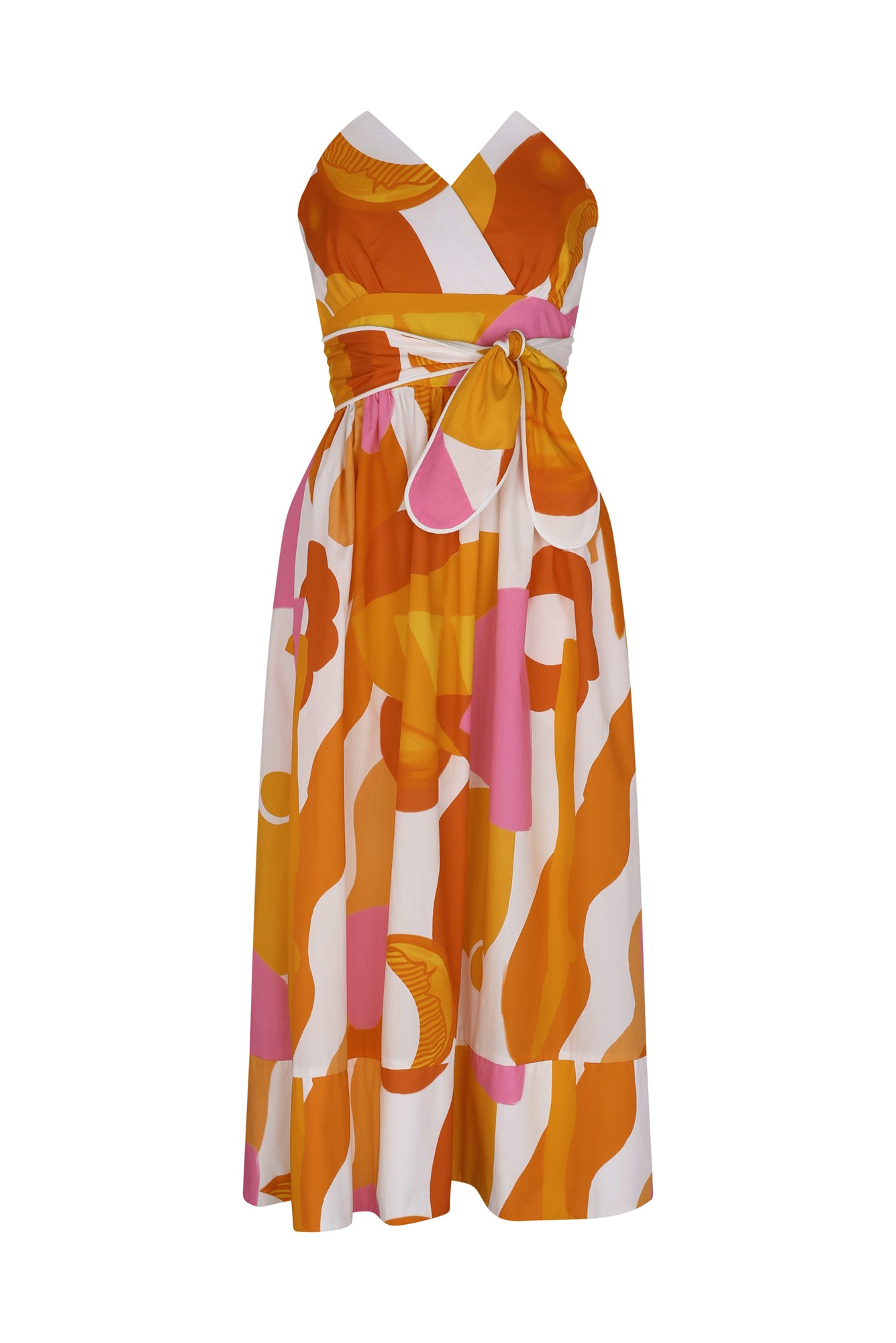 Charro Dress in Marea Roja: Cotton midi dress in vibrant orange, pink and white combo print, featuring a flattering silhouette and a comfortable fit. Perfect for spring and summer outings. Made by De Loreta. Front view.