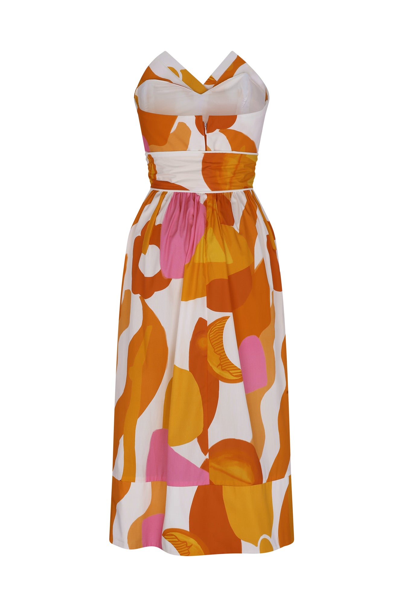 Charro Dress in Marea Roja: Cotton midi dress in vibrant orange, pink and white combo print, featuring a flattering silhouette and a comfortable fit. Perfect for spring and summer outings. Made by De Loreta. Back view.