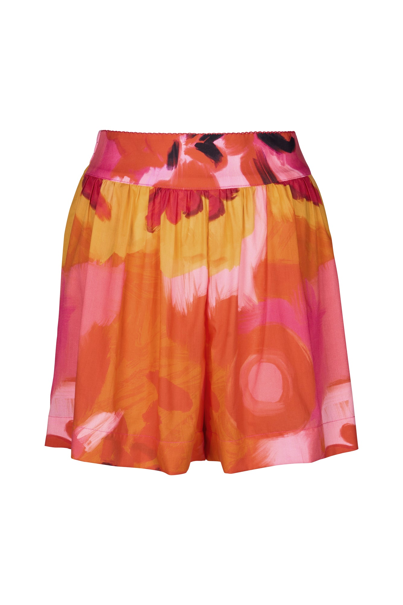 De Loreta Pachuca Shorts in Anturio Print: Vibrant Pachuca Shorts in Anturio, a red, pink and yellow colored print, featuring a stylish floral pattern and a comfortable fit. Made from high-quality fabric, these shorts are perfect for casual summer or fall wear, combining chic design with everyday comfort. Front view.