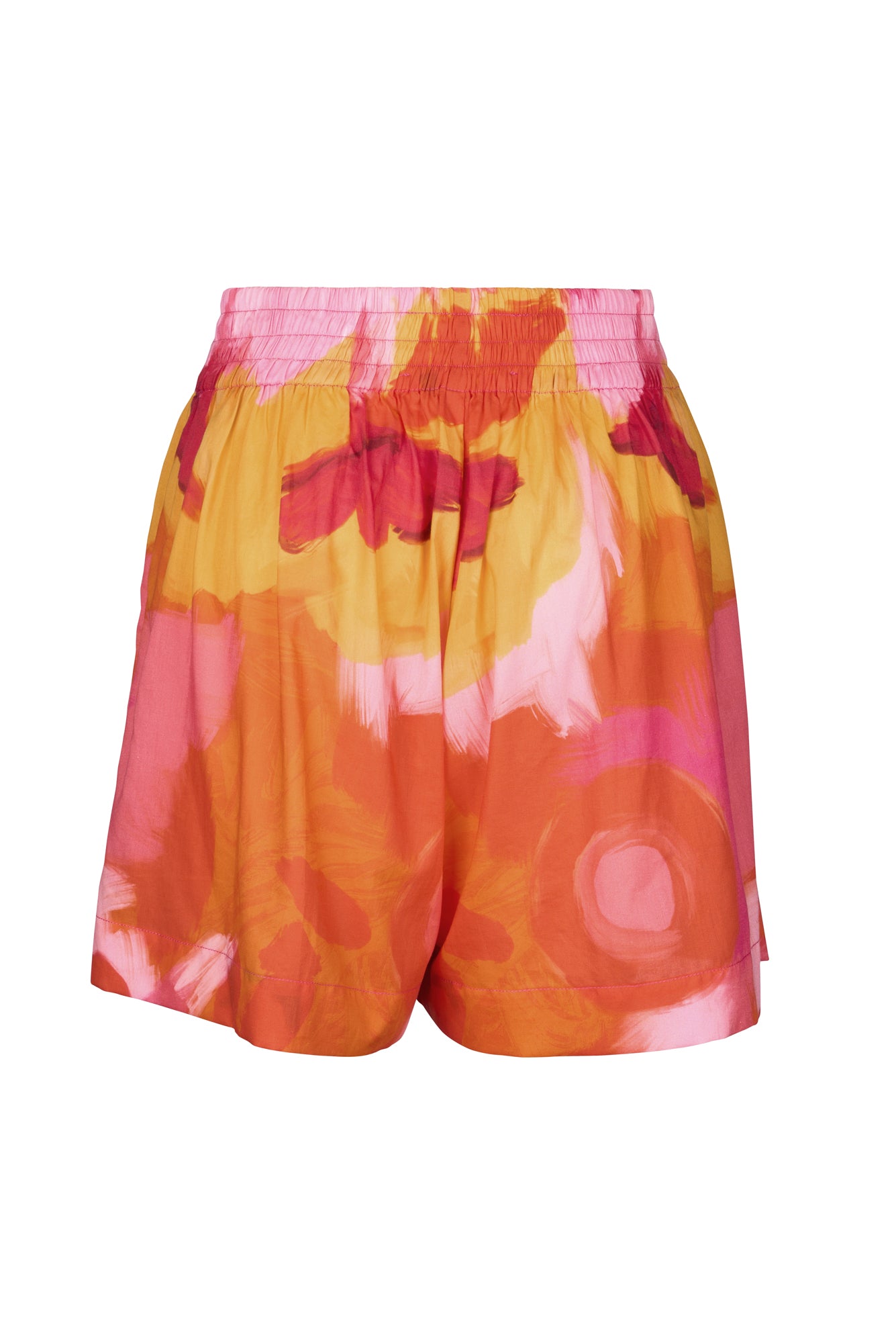 De Loreta Pachuca Shorts in Anturio Print: Vibrant Pachuca Shorts in Anturio, a red, pink and yellow colored print, featuring a stylish floral pattern and a comfortable fit. Made from high-quality fabric, these shorts are perfect for casual summer or fall wear, combining chic design with everyday comfort. Back view.