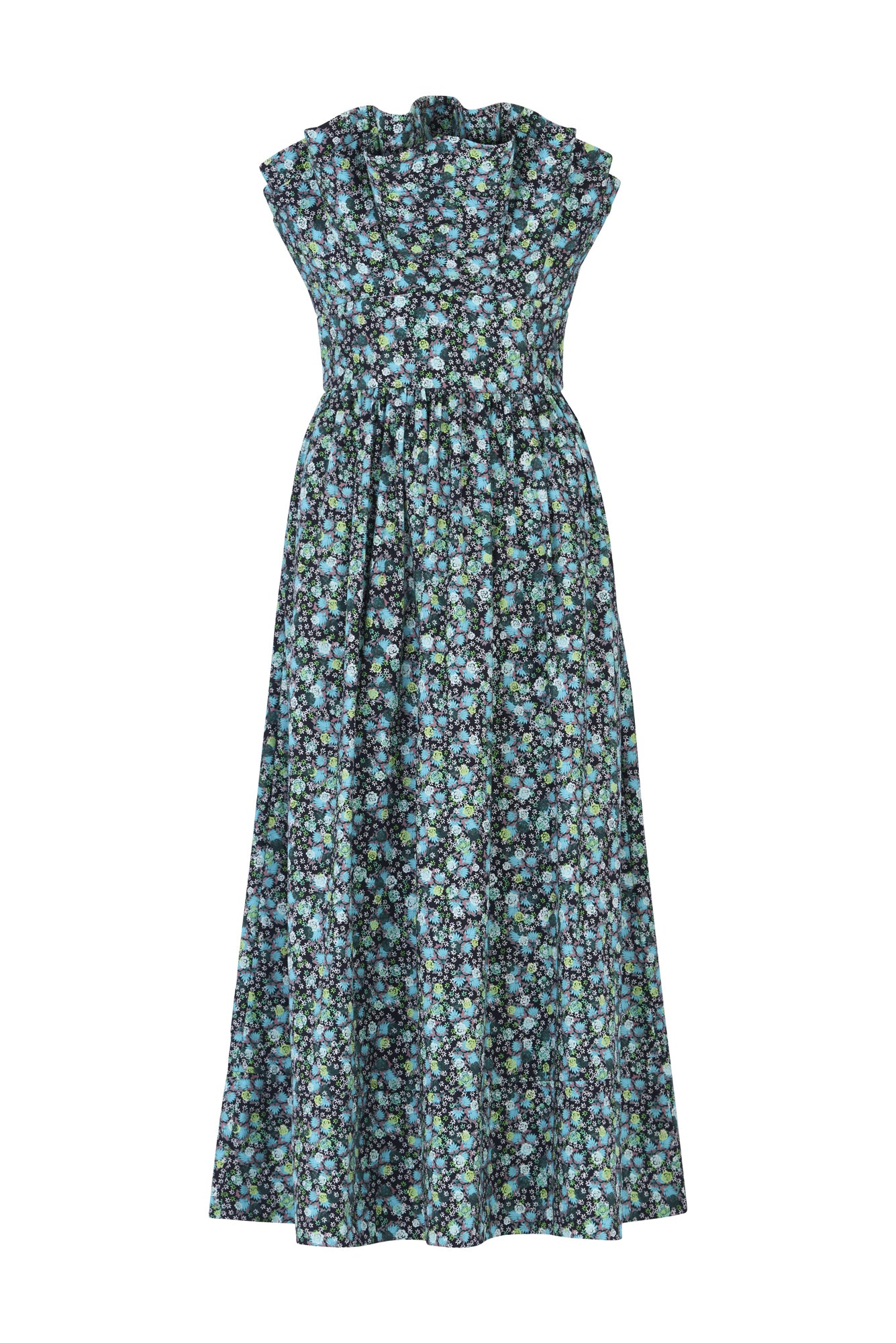 De Loreta Abanico dress in jazmin print: A midi dress with an sculptural bodice, reminiscent of delicate shells gracefully cascading over the torso. This unique design element not only adds a sense of artistry but also accentuates your silhouette, creating a flattering and eye-catching effect complemented with a blue, green and white colored floral pattern. Front view.