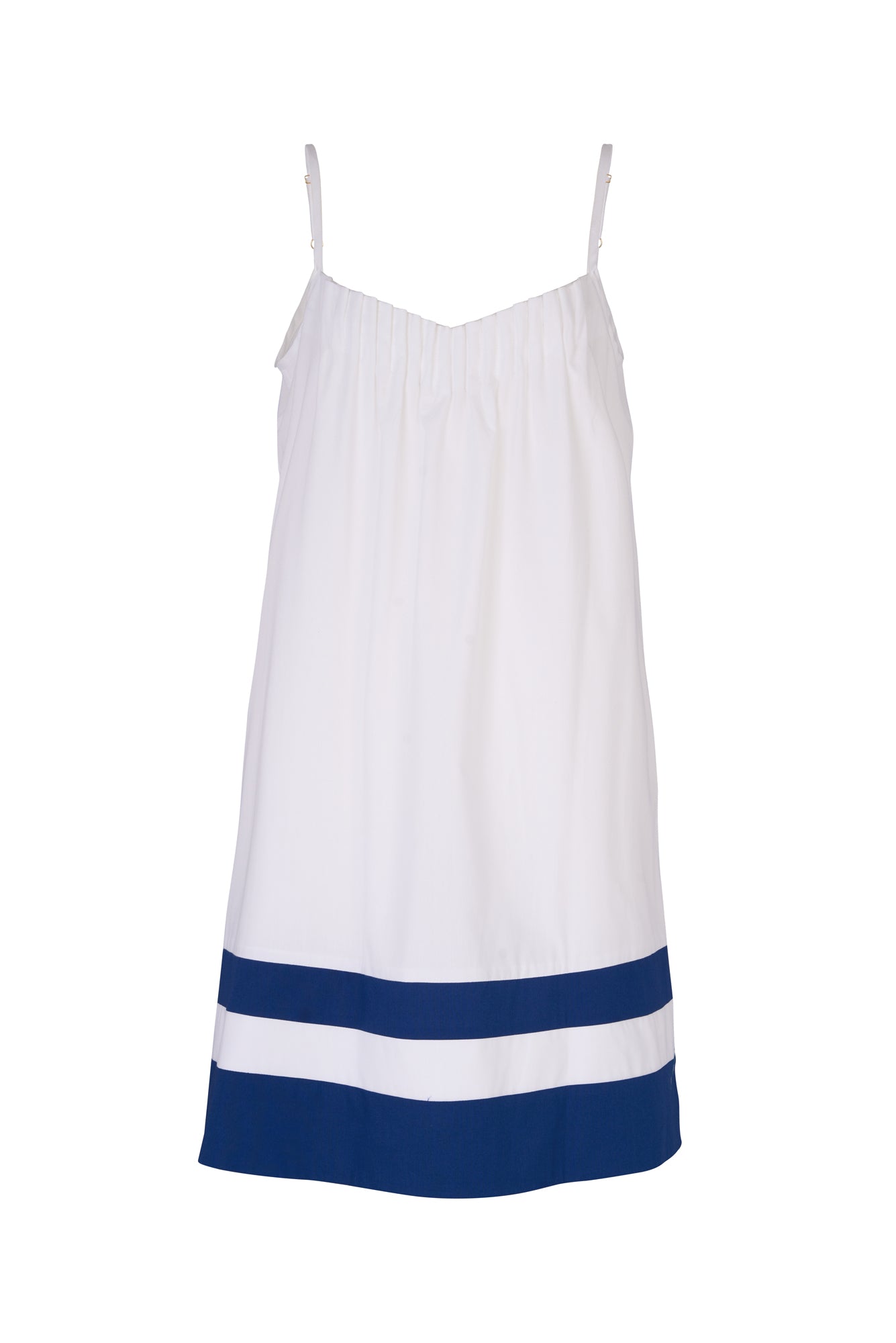 De Loreta Abelina Dress in White / Navy: Chic mini poplin dress in White Navy color scheme, featuring a lightweight and breathable fabric with a flattering silhouette. Perfect for casual and semi-formal occasions, this versatile dress offers timeless elegance and comfort. Front view