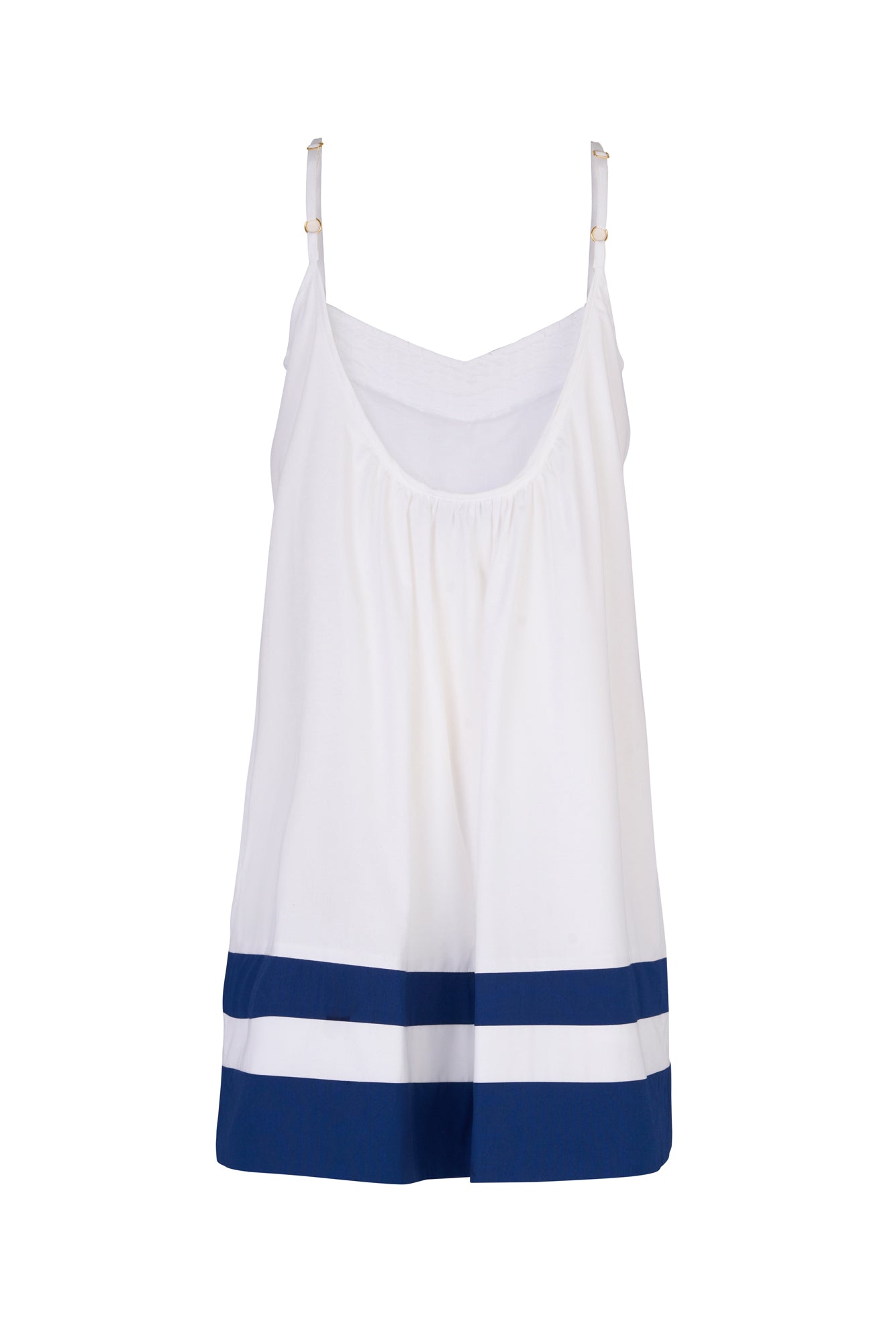 De Loreta Abelina Dress in White / Navy: Chic mini poplin dress in White Navy color scheme, featuring a lightweight and breathable fabric with a flattering silhouette. Perfect for casual and semi-formal occasions, this versatile dress offers timeless elegance and comfort. Back view.