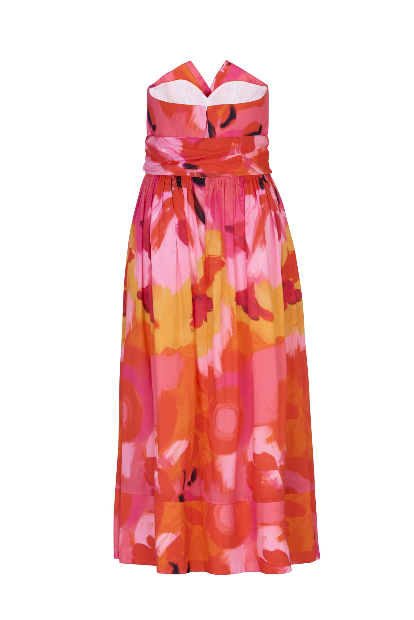 De Loreta Charro Dress in Anturio print: Cotton midi dress in vibrant red, orange and pink floral artistic print, featuring a flattering silhouette and a comfortable fit. Perfect for fall and winter outings. Back view.