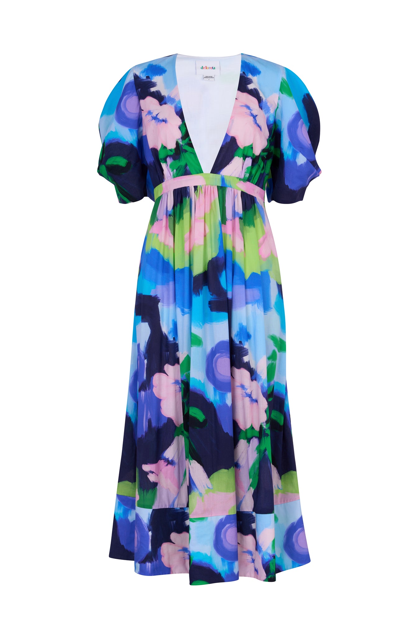 De Loreta Ita Dress in Oleo Azul print: Elegant midi dress in Oleo Azul print, featuring a deep neckline and vibrant design in blue, green and pink colors. Crafted from high-quality fabric for a flattering fit, perfect for special occasions or a night out. Front view.