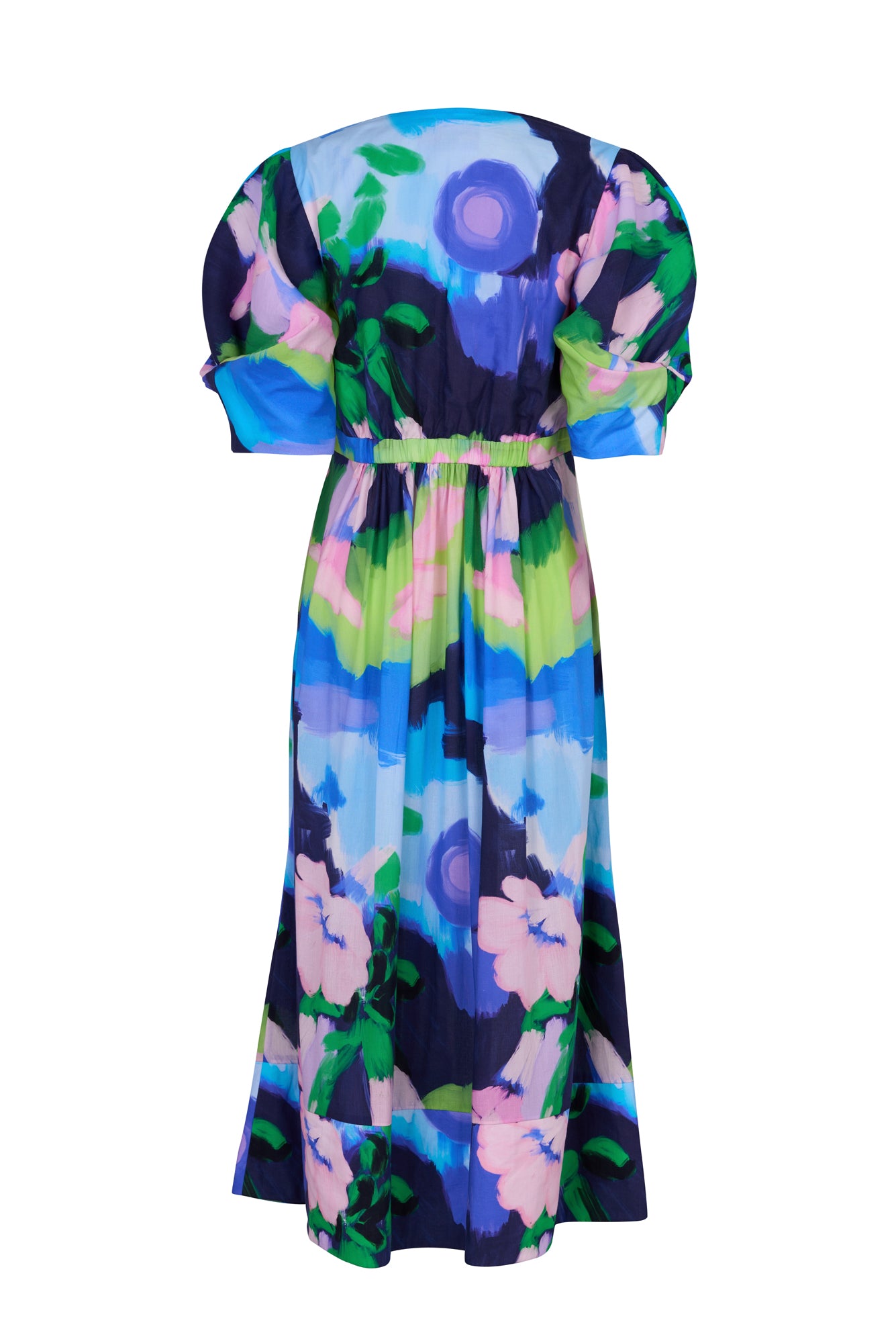 De Loreta Ita Dress in Oleo Azul print: Elegant midi dress in Oleo Azul print, featuring a deep neckline and vibrant design in blue, green and pink colors. Crafted from high-quality fabric for a flattering fit, perfect for special occasions or a night out. Back view.