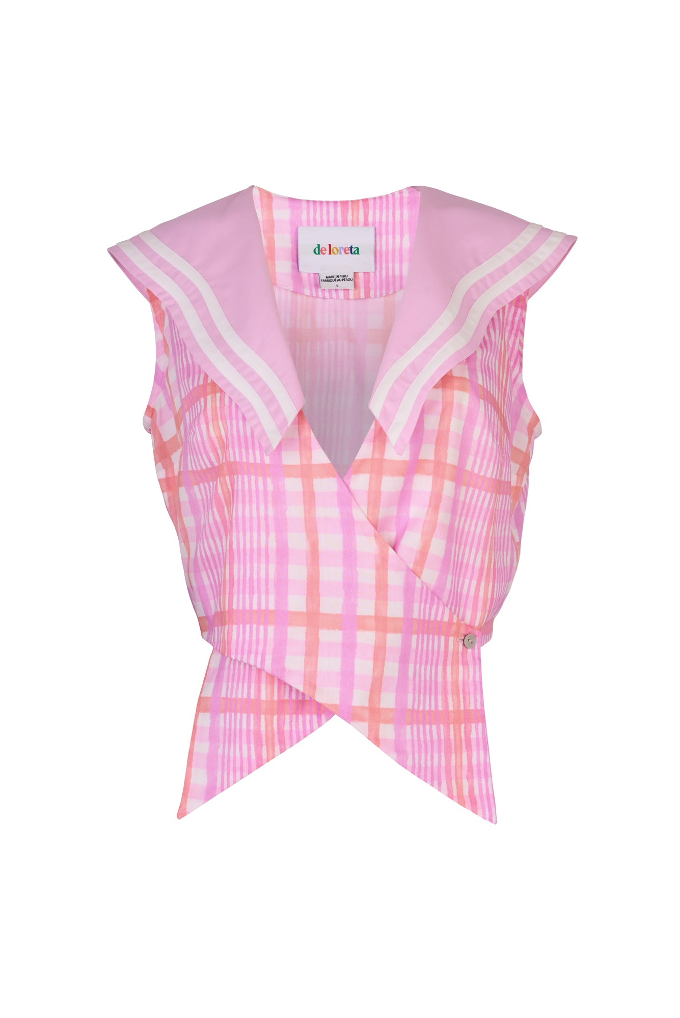 De Loreta Mango top in Loto print: Sleeveless navy-style top in Loto, a pink and purple plaid print, featuring a vibrant design and a relaxed fit. Made from high-quality cotton fabric, perfect for adding a stylish touch to casual and dressy outfits. Front view.