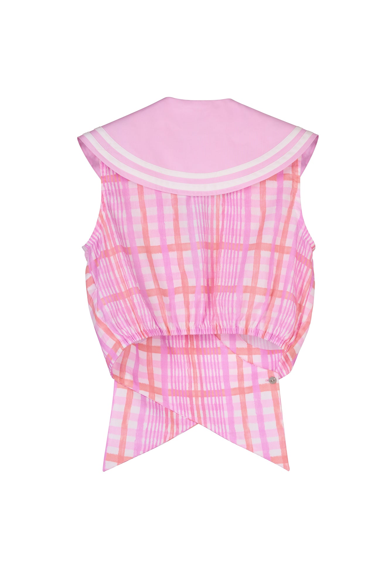 De Loreta Mango top in Loto print: Sleeveless navy-style top in Loto, a pink and purple plaid print, featuring a vibrant design and a relaxed fit. Made from high-quality cotton fabric, perfect for adding a stylish touch to casual and dressy outfits. Back view.