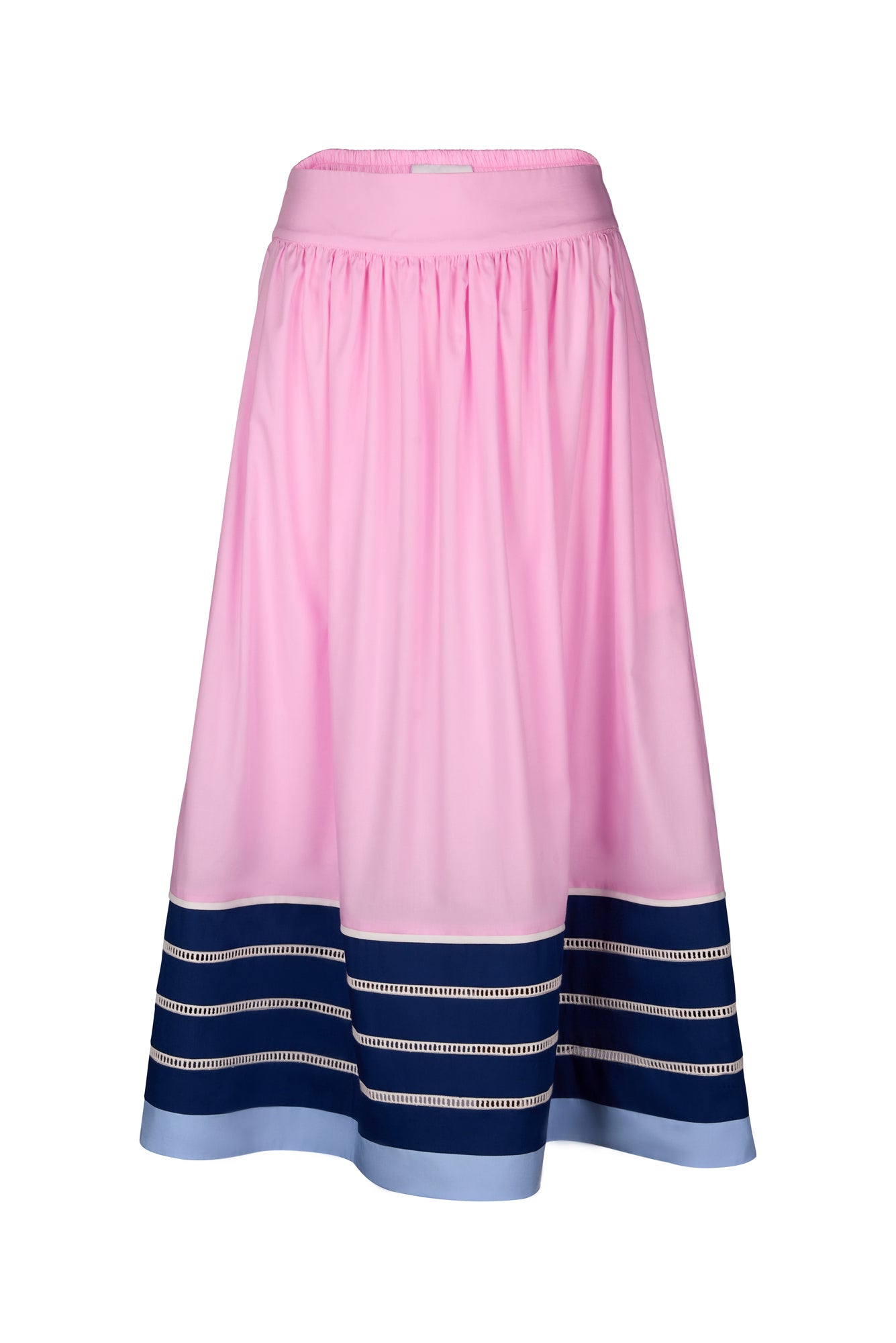 De Loreta Manzanilla Skirt in Pink / Iris: Flowy midi skirt in Pink and blue colors, featuring a vibrant design and high-waist silhouette. Crafted from high-quality cotton fabric for a comfortable and stylish look, perfect for both casual and dressy. Front view.