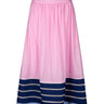 De Loreta Manzanilla Skirt in Pink / Iris: Flowy midi skirt in Pink and blue colors, featuring a vibrant design and high-waist silhouette. Crafted from high-quality cotton fabric for a comfortable and stylish look, perfect for both casual and dressy. Front view.