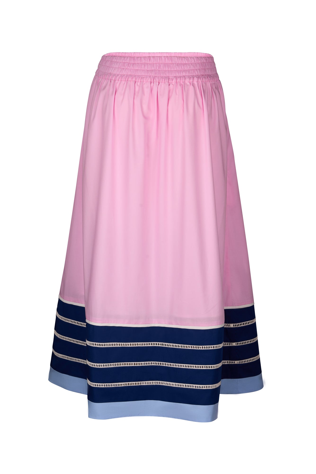 De Loreta Manzanilla Skirt in Pink / Iris: Flowy midi skirt in Pink and blue colors, featuring a vibrant design and high-waist silhouette. Crafted from high-quality cotton fabric for a comfortable and stylish look, perfect for both casual and dressy. Back view.