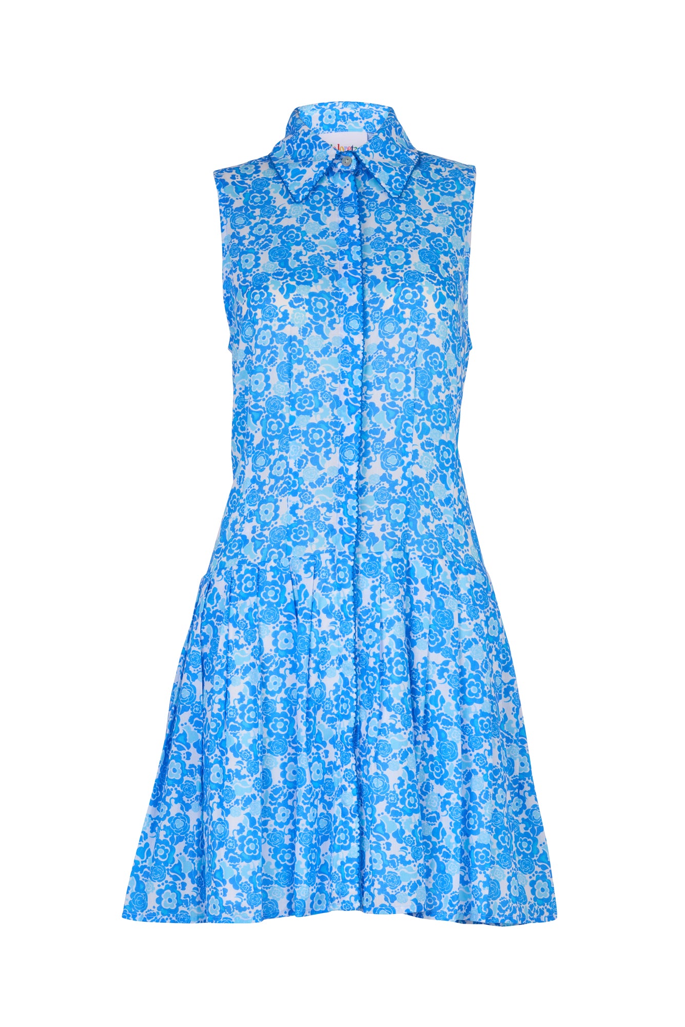 De Loreta Nana Dress in Lavanda Print: Chic mini sleeveless dress in Lavanda, a blue white combo print featuring a vibrant floral design and a flattering silhouette. Made from high-quality fabric, perfect for both casual outings and semi-formal events. Front view.