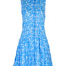 De Loreta Nana Dress in Lavanda Print: Chic mini sleeveless dress in Lavanda, a blue white combo print featuring a vibrant floral design and a flattering silhouette. Made from high-quality fabric, perfect for both casual outings and semi-formal events. Front view.