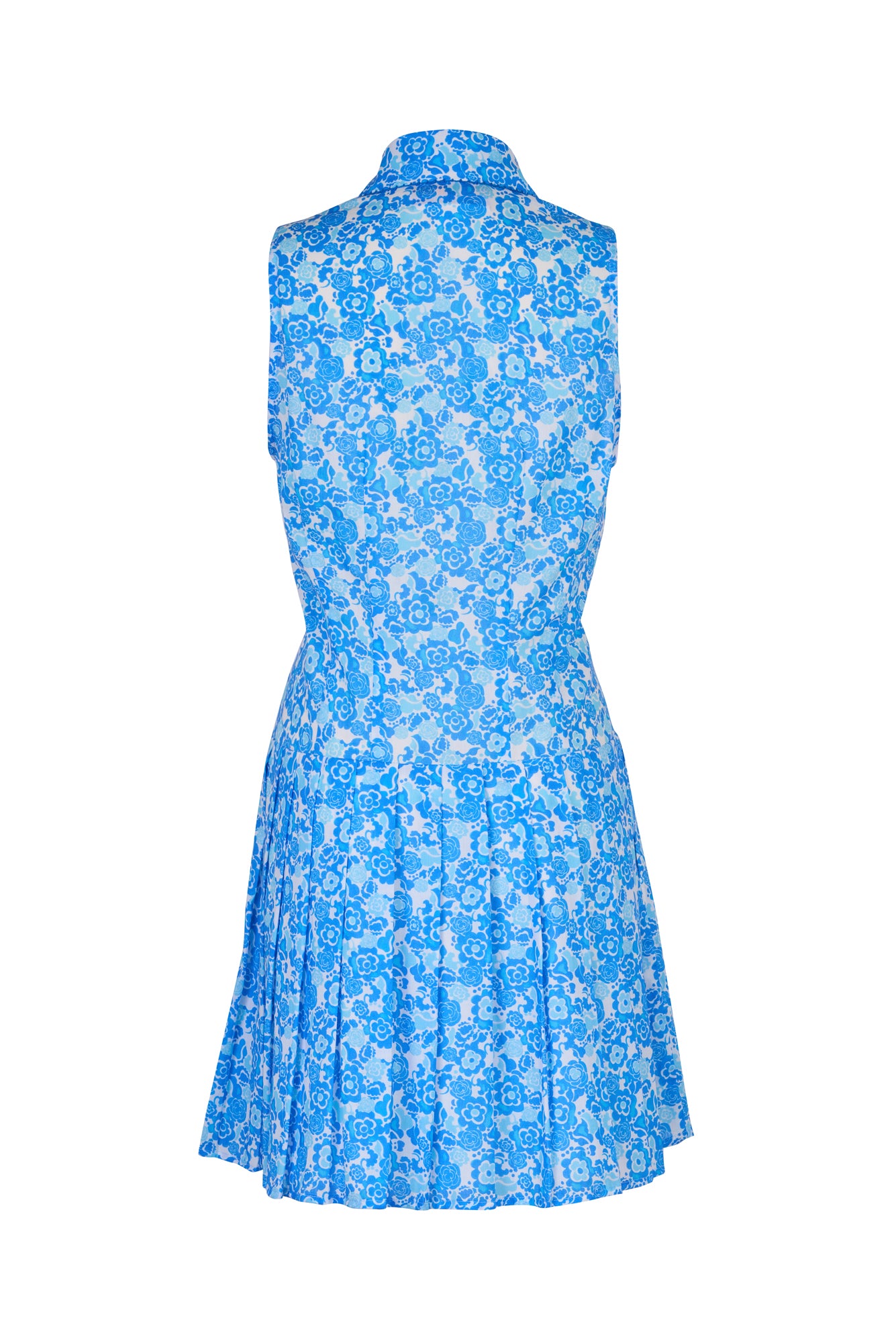 De Loreta Nana Dress in Lavanda Print: Chic mini sleeveless dress in Lavanda, a blue white combo print featuring a vibrant floral design and a flattering silhouette. Made from high-quality fabric, perfect for both casual outings and semi-formal events. Back view.