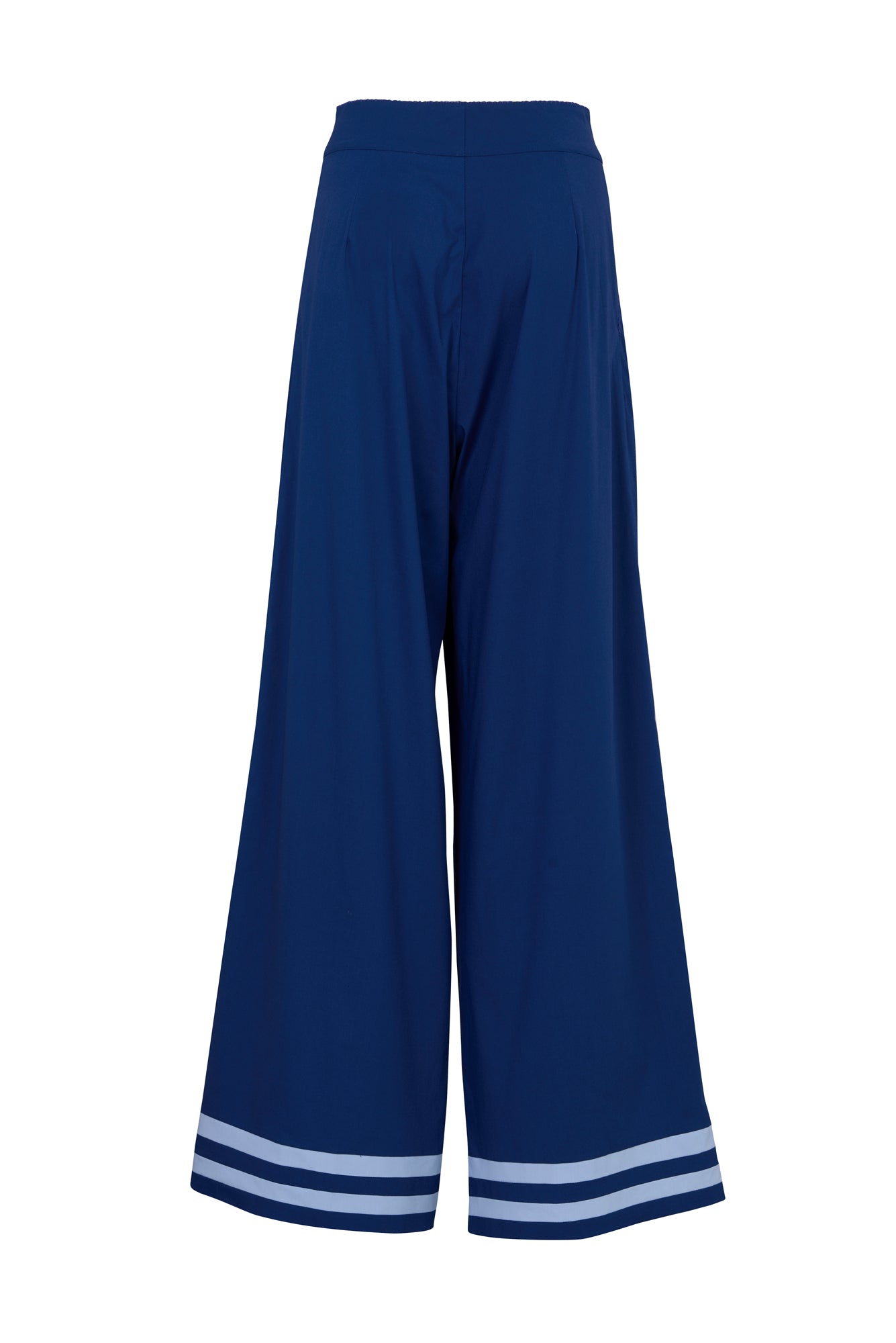 De Loreta Rocio Pants in Iris: High-waisted Rocio Pants in Iris, a nice navy and baby blue color combo, featuring a vibrant design with tailored wide-leg silhouette. These stylish pants include side pockets and a zip closure, perfect for both casual and dressy occasions. Back view.