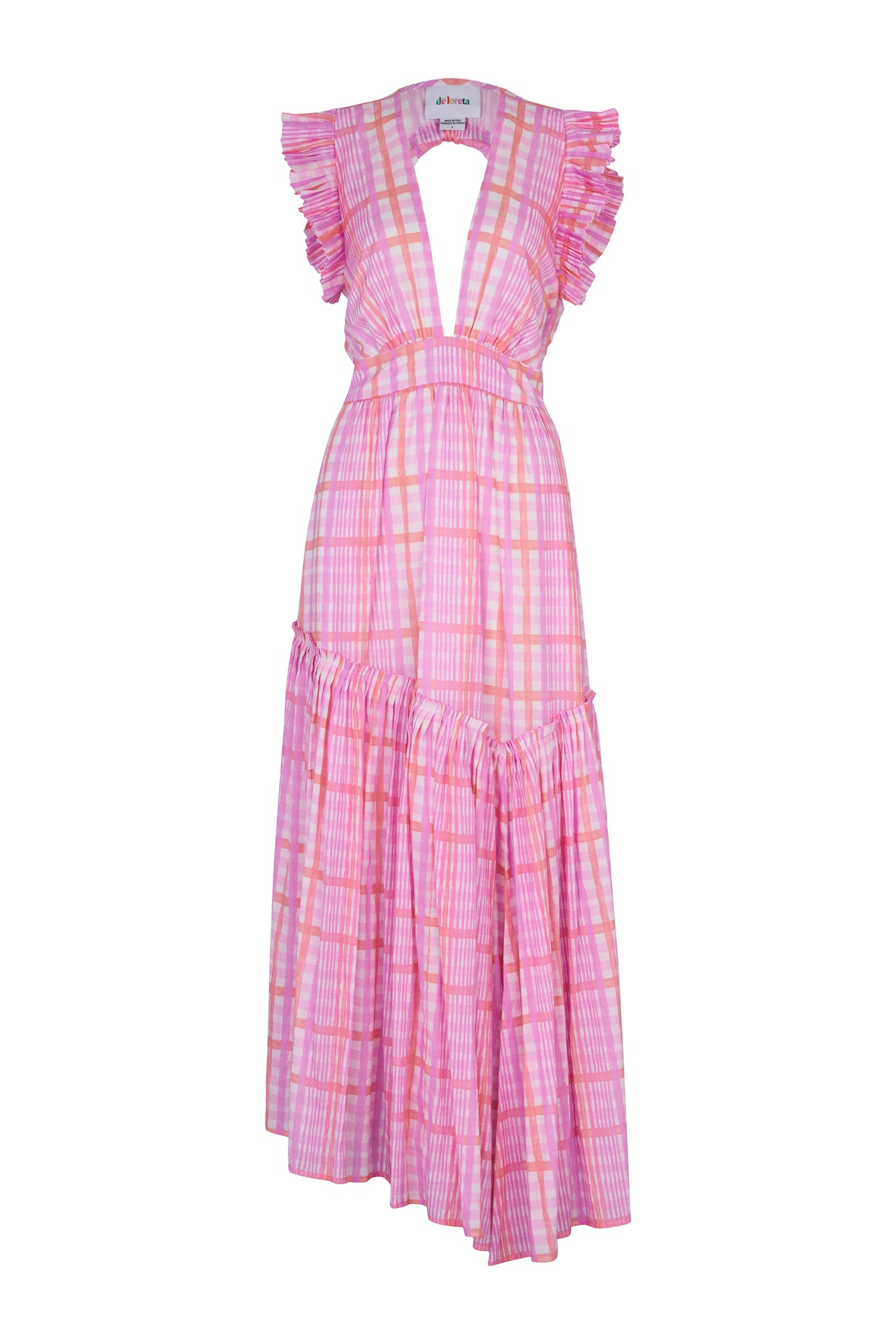 De Loreta Totora dress in Loto print: Featuring a vibrant pink and lilac plaid pattern with a flowy, asymmetric ankle-length silhouette. Designed with a flattering deep V-neckline, and a fitted bodice that flares into a breezy skirt. Crafted from soft, breathable fabric for comfort and style, perfect for summer events or casual outings. Front view.